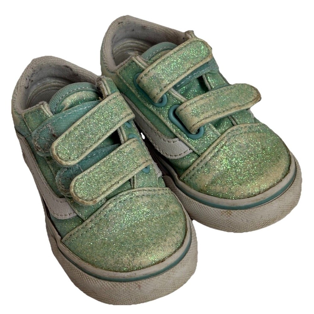 Vans Old‎ Skool V Blue Green Glitter Skate Shoe Toddler Size 5 - Play Condition
